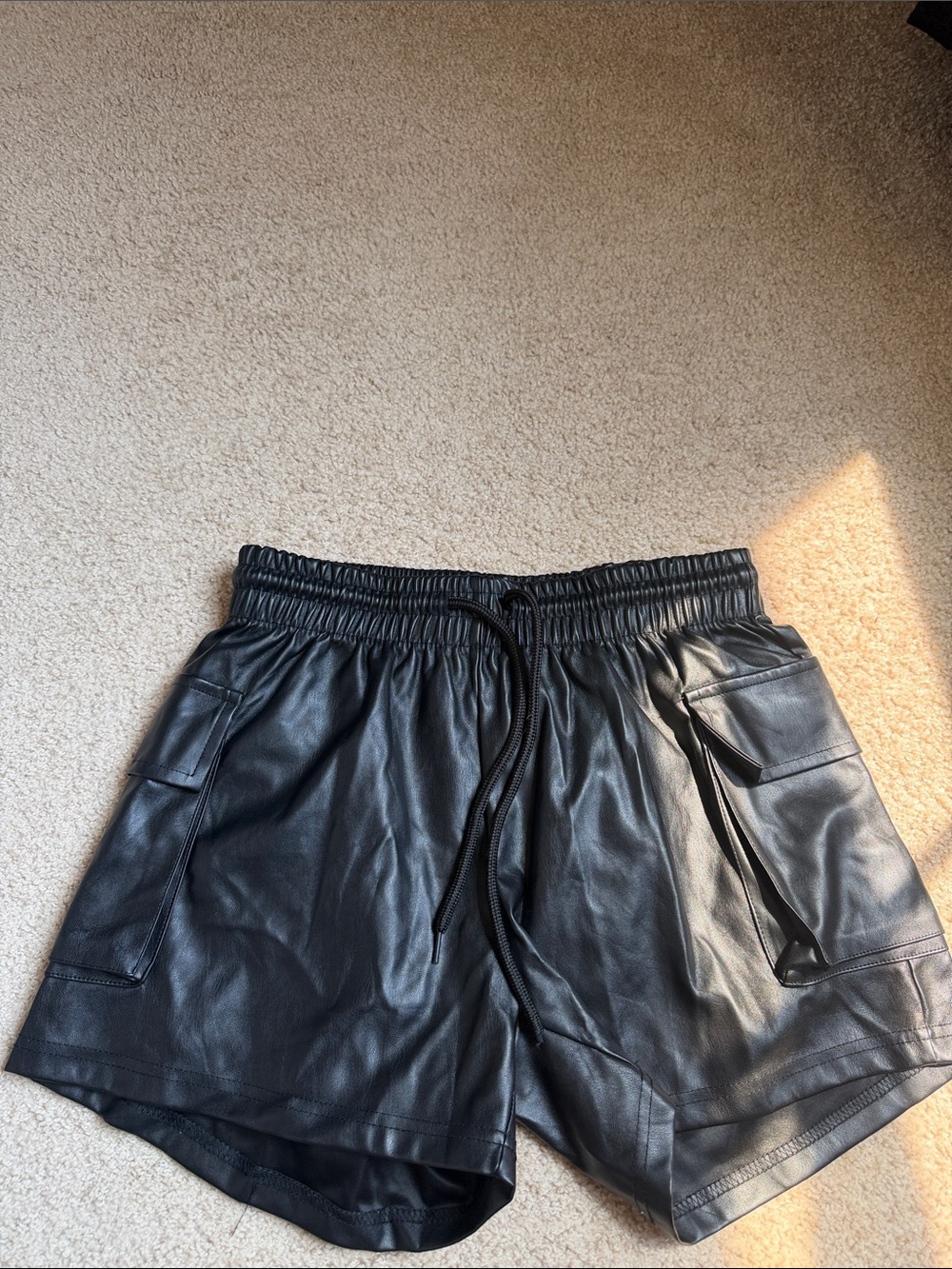 Women's Black Faux Leather Drawstring Cargo Bermudas